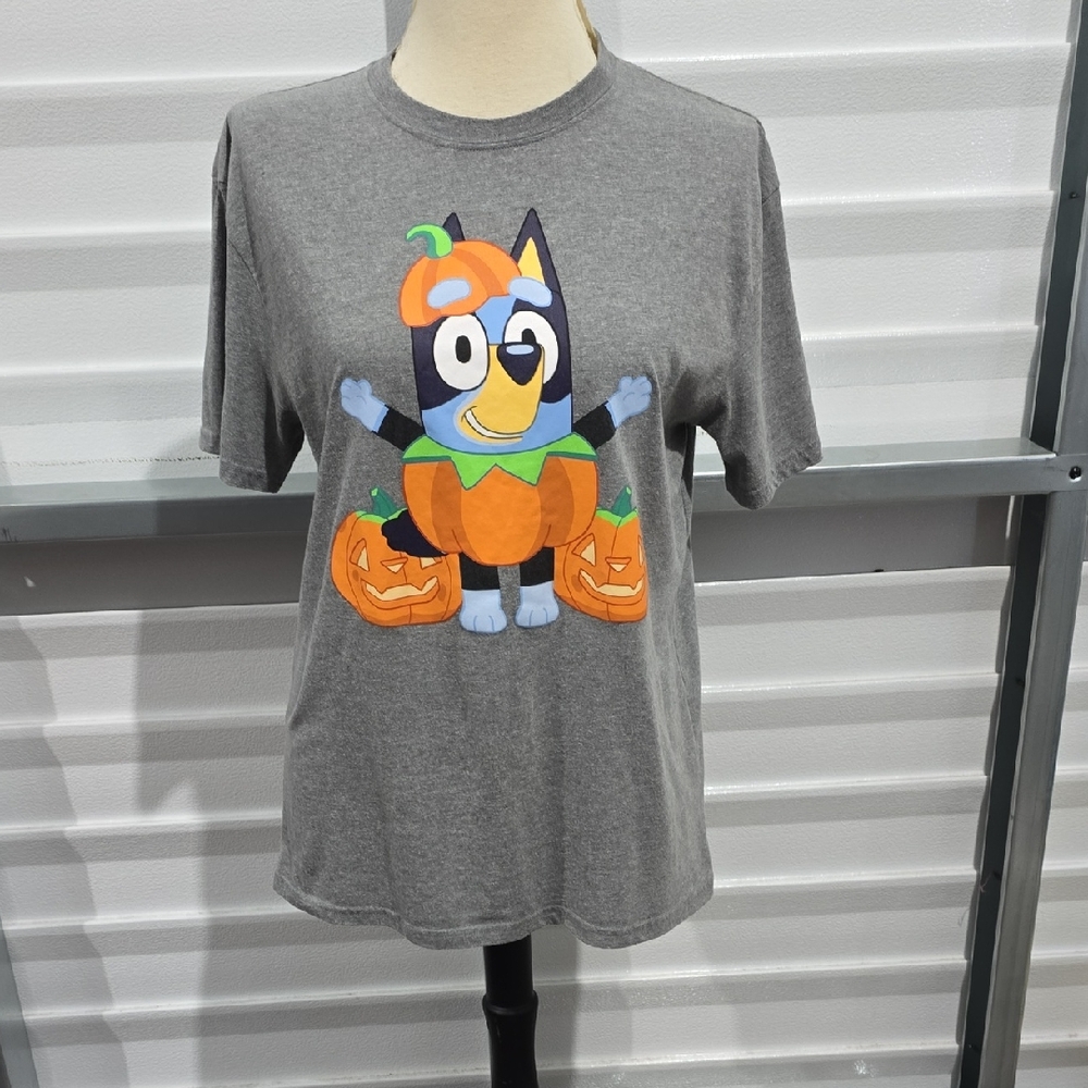 Playful Gray Short Sleeve Tee with Pumpkin And Bluey Character Size Large